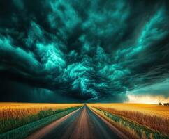 A road is shown in front of a stormy sky photo