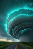 A large storm cloud is seen over the road photo
