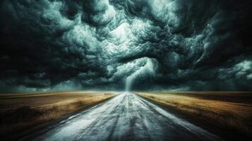 A road leading to a dark stormy sky photo