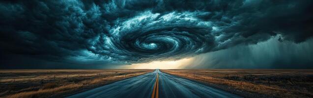 A road with a tornado in the sky photo