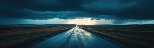 A long road with a storm coming in the distance photo