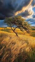 A lone tree stands in a field with a stormy sky photo