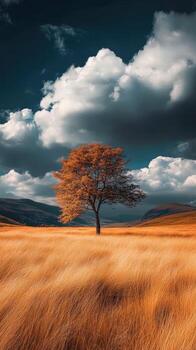 A lone tree in a field with a cloudy sky photo