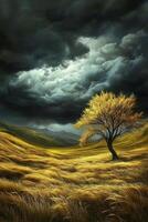 Vibrant yellow fields under a dramatic sky photo