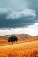 Golden fields under a cloudy sky at sunset photo