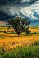 Dramatic skies over sprawling golden fields photo