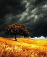 Stormy skies over golden fields at sunset photo