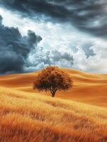 Lone tree in orange field under grey clouds photo