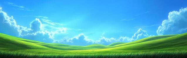 A green field with clouds and blue sky photo