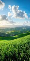 Green fields and hills in the countryside with a blue sky photo
