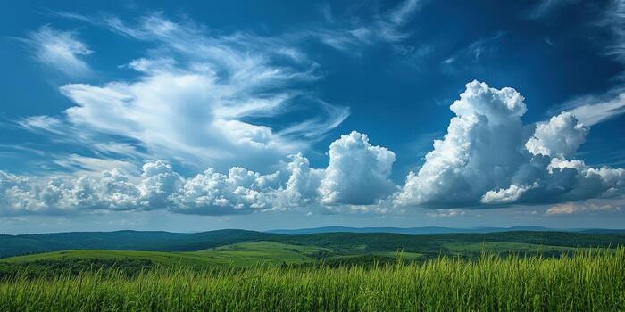 A view of a green field with some clouds photo