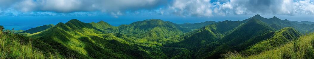A beautiful view of green mountains and clouds photo