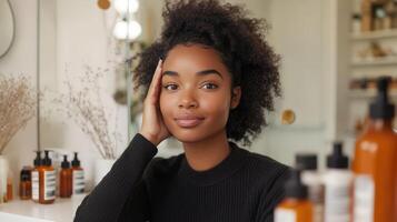 A woman with an afro hairstyle sitting in front of a mirror photo