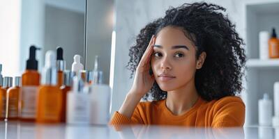 A woman looking at her reflection in a mirror photo