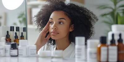 A woman looking at her face in the mirror photo