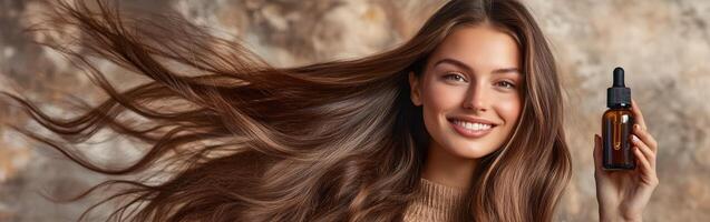 A woman is holding a bottle of hair oil photo