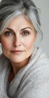 A woman with gray hair and a sweater photo