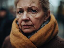A woman with a serious expression on her face photo