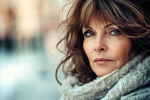 A woman with long hair and a scarf photo
