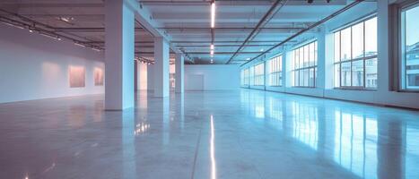 Spacious art gallery features bright white walls and polished concrete floors inviting exploration photo