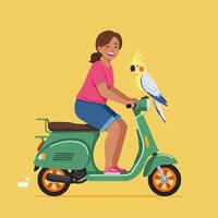 Woman Riding Scooter with a Parrot in a Colorful Illustration vector