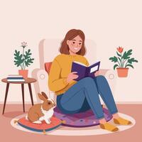 Woman Reading a Book with Rabbit in Cozy Indoor Setting vector