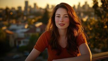Woman enjoying sunset with city skyline in background photo