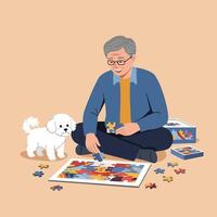 Man Completing Puzzle with Companion Dog Enjoying Leisure Time Indoors vector