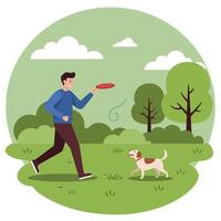 Man Playing Frisbee with Dog in Green Park on Sunny Day vector