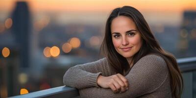 A woman leaning on a railing with a cityscape in the background photo