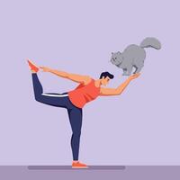 Man Balancing Doing Yoga Pose with Gray Cat on Hand vector