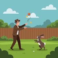 Man Juggling Balls for Rabbit in Backyard on Sunny Day vector