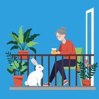 Woman Enjoying Drink on Balcony with Plants and a Rabbit vector