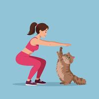Woman Doing Squats and Playful Cat Reaching Up for High Five vector