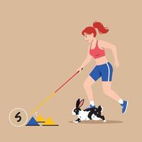 Woman Guiding Rabbit Through Agility Course with Pole and Hurdles vector