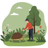 Man Approaching Turtle in a Garden with Flowers and Tree vector
