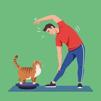Man Stretching with Cat Balancing on Exercise Equipment for Fitness vector