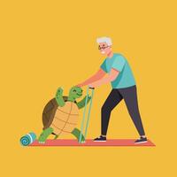 Man Helps Turtle with Exercise Using Resistance Band on Mat vector