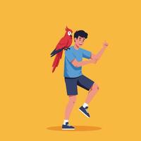 Man Dancing with Red Parrot on Shoulder Against Solid Background vector