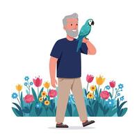 Man Walking with Parrot Illustration Through Colorful Flowers Garden Scene vector