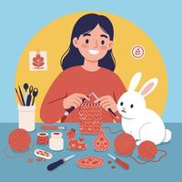 Woman Knitting with Rabbit Crafting Handmade Items on a Table vector