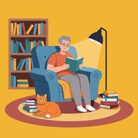 Man Reading Book in Armchair with Cat and Bookshelf Illustration vector