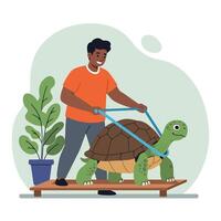 Man Helping Tortoise on Wooden Platform with Guiding Frame Indoors vector