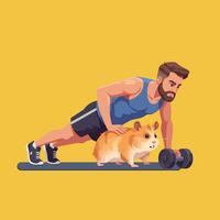 Man Doing Pushup Exercise with Hamster on Yellow Background vector