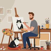 Man Painting Cat Portrait on Canvas in Art Studio vector