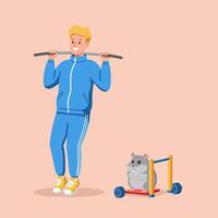Man Exercising with Barbell and Hamster Lifting Small Weight vector