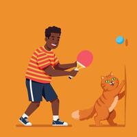 Man Playing Table Tennis with a Cat in a Cartoon Style vector