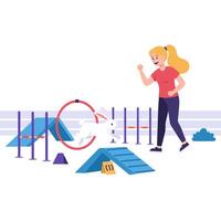Rabbit Jumping Through Hoop Obstacle Course While Trainer Cheers Happily vector