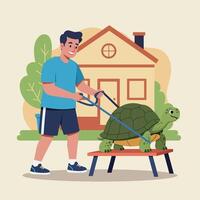 Man Walking Pet Turtle on Leash with House in Background vector