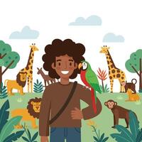Smiling Person with Parrot Surrounded by Exotic Animals in Nature vector